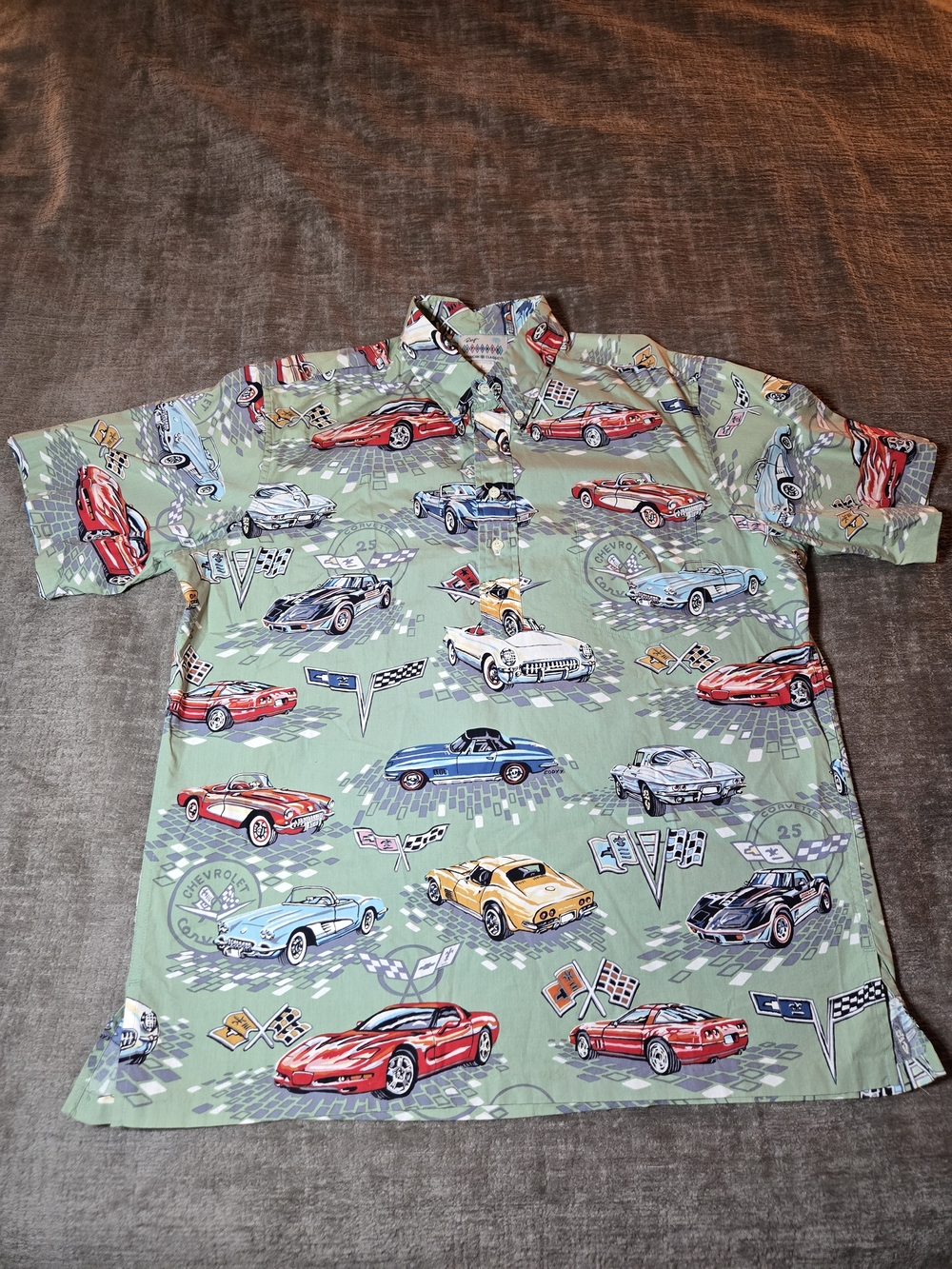 Reyn Spooner Hawaiian Shirt features pattern of Classic Chevrolet Corvette Cars